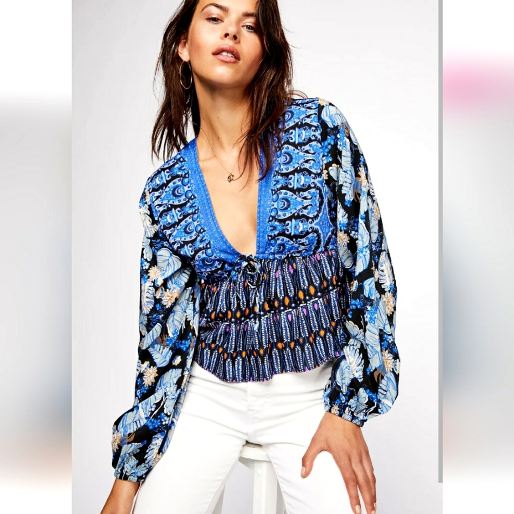 Free People Malibu Mama Printed Top in  Blue Combo Size Small